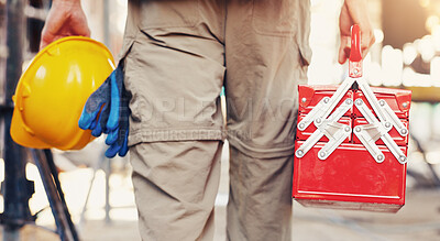 Buy stock photo Hand, toolbox and man with helmet for safety, construction site or building project. Back, person and maintenance with hard hat for protection, engineering compliance or inspection for renovation