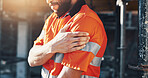 Construction, injury and man with shoulder pain for accident, stress and tension at building site. Architecture, engineering and person with pressure for fibromyalgia, muscle sprain and overworked