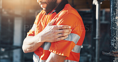 Buy stock photo Construction, injury and man with shoulder pain for accident, stress and tension at building site. Architecture, engineering and person with pressure for fibromyalgia, muscle sprain and overworked