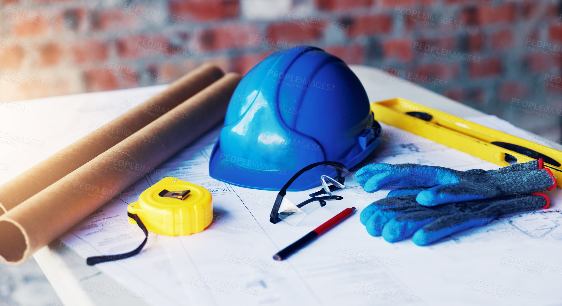 Buy stock photo Construction, blueprint and helmet with tools on table for renovation, building design or planning. Architecture, equipment and floor plan on site for real estate development, safety gear or drafting