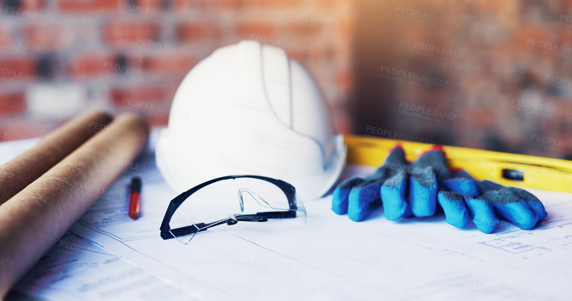 Buy stock photo Architecture, blueprint or glasses with tools on table for project development, design or planning. Civil engineering, equipment or floor plan on site for building layout, safety gear or construction