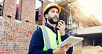 Tablet, man and thinking with radio on construction site with communication for building, renovation or repairs. Notification, talk and male civil engineer with digital tech for inspection approval