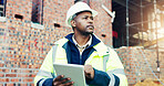 Construction site, thinking and black man with engineering, tablet for online schedule and solution. Person, architecture and employee with problem solving, internet and tech for inspection or choice