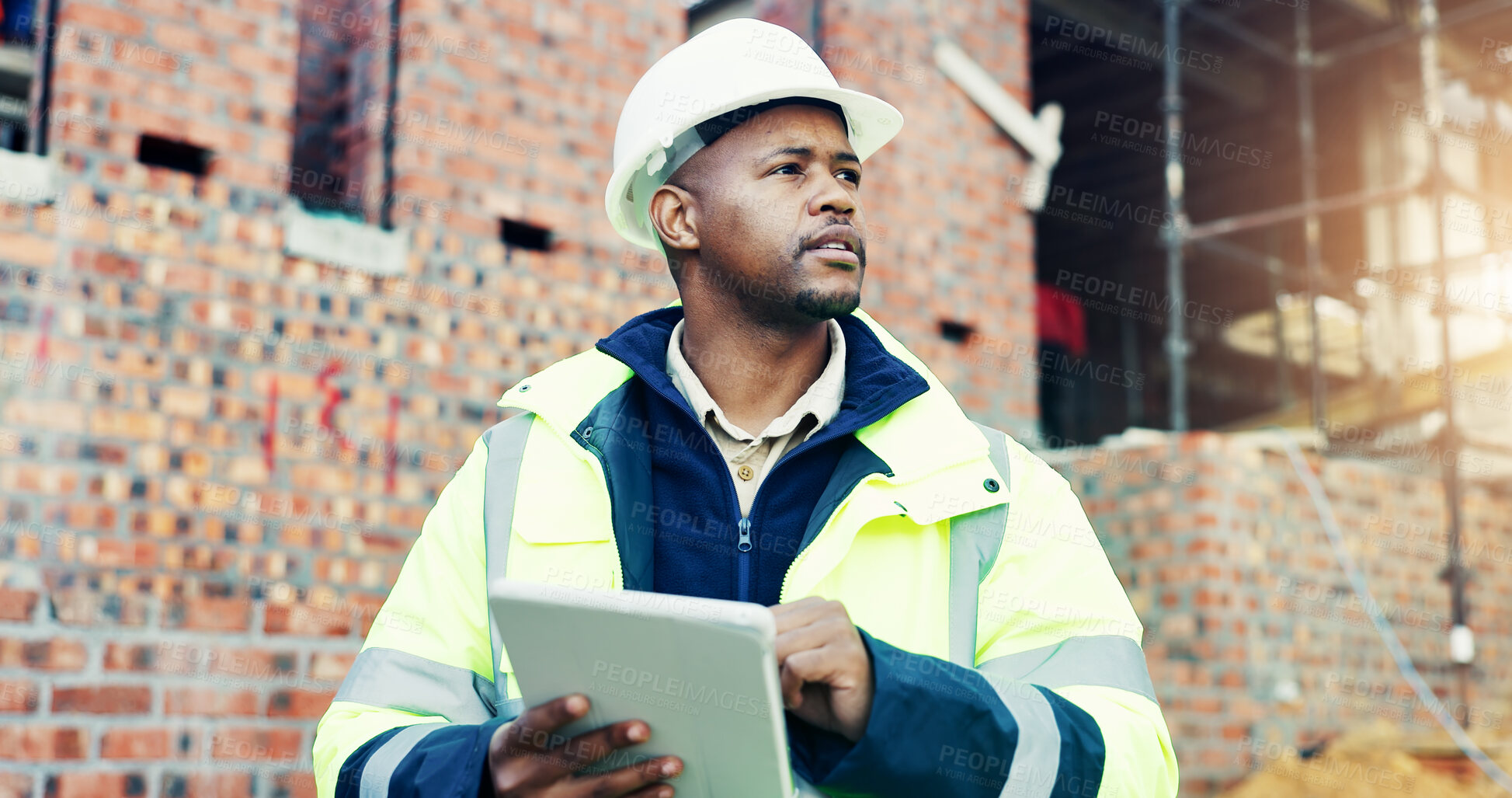 Buy stock photo Construction site, thinking and black man with engineering, tablet for online schedule and solution. Person, architecture and employee with problem solving, internet and tech for inspection or choice