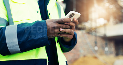 Buy stock photo Construction, text or hands in site with phone, task instruction or inspection report in online chat. Space, man or engineer outdoor with tech, project brief or operation schedule on digital platform