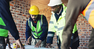 Buy stock photo Engineer, blueprint and architect with team in discussion, meeting or planning at construction site. Men, group collaboration and project with floor plan for renovation, expansion or building process