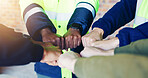 Team, people or hands with fist bump at construction site, solidarity or renovation project cooperation. Meeting, builders or group with collaboration for property development, support or connection