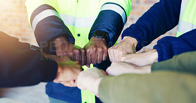 Buy stock photo Team, people or hands with fist bump at construction site, solidarity or renovation project cooperation. Meeting, builders or group with collaboration for property development, support or connection