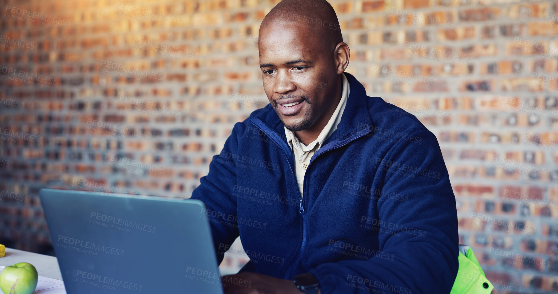 Buy stock photo Architecture, construction and black man on laptop for planning, research and compliance report. Engineering, contractor and person on computer for website, building design and infrastructure project