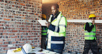 Engineer, reading and man tablet for construction, inspection and research for renovation. Male person, review and digital with team for architecture, building expansion and information for project
