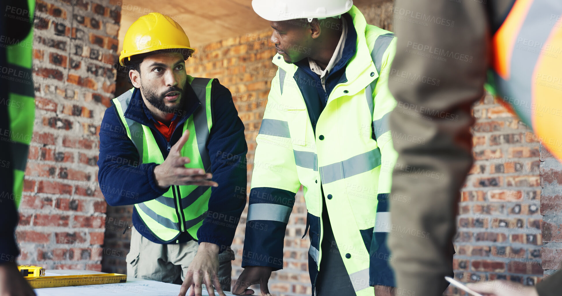Buy stock photo Engineer, architect and team in meeting for discussion, update and planning at construction site. Men, group collaboration and project or floor plan for renovation, expansion or building process