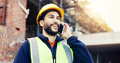 Buy stock photo Architect, building and happy man with phone call on construction site for communication. Male person, contractor or civil engineer talking with smile for architecture proposal, discussion or chat