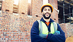 Architect, portrait and happy man with confidence on construction site for building management. Male person, contractor or civil engineer with smile or arms crossed for architecture development
