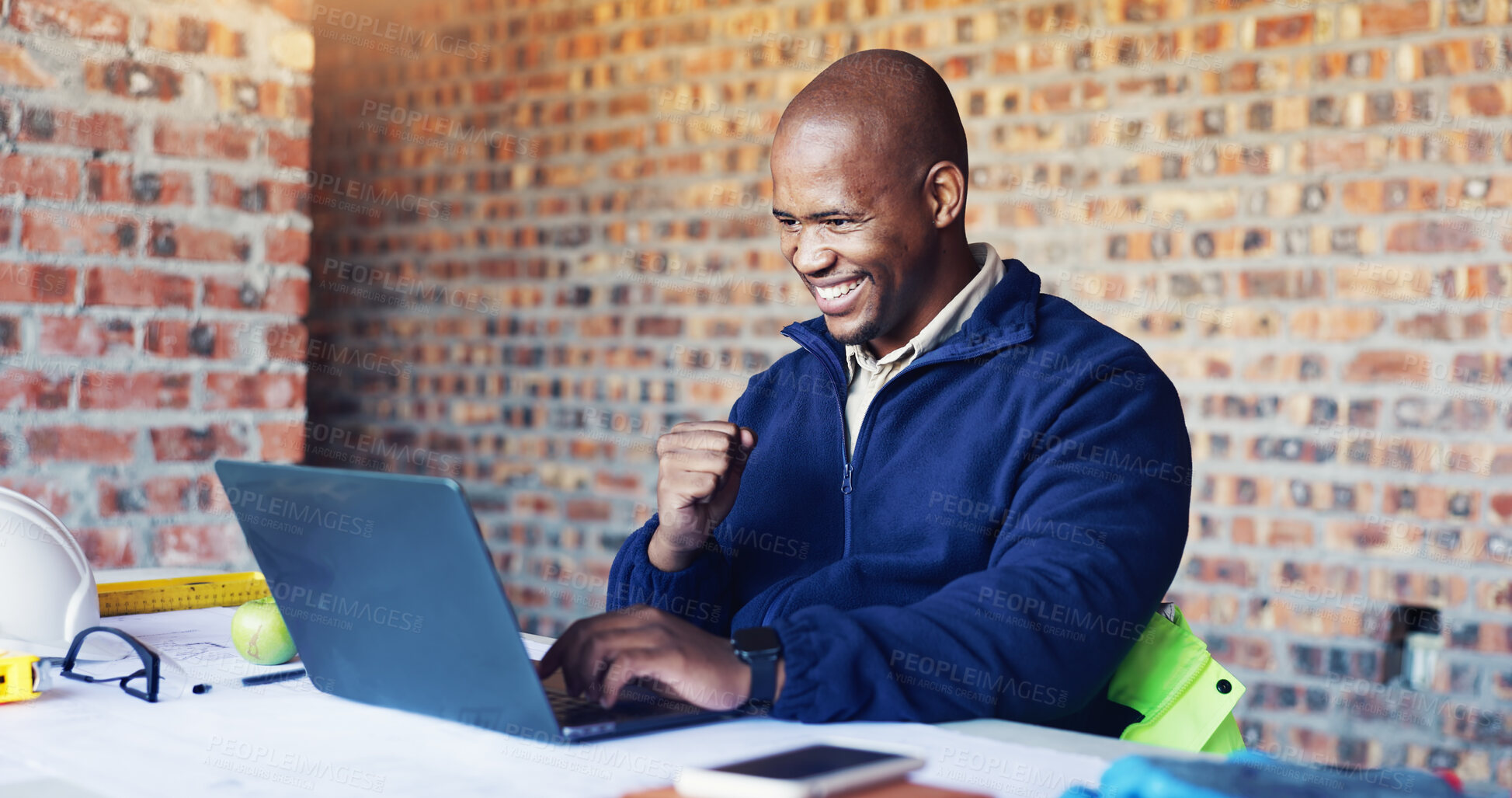 Buy stock photo Fist pump, architect and black man with laptop for construction, building approval or goal. Engineer, computer and excited person with success at site, development target or architecture tender