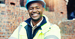 Construction site, smile and portrait of black man for renovation, remodeling and infrastructure. Architecture, happy and person with ppe for safety compliance, engineering and project management