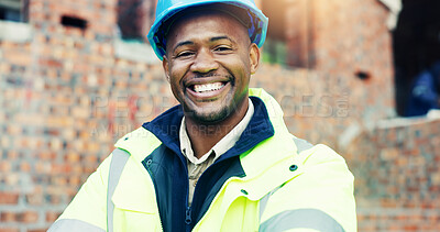 Buy stock photo Construction site, smile and portrait of black man for renovation, remodeling and infrastructure. Architecture, happy and person with ppe for safety compliance, engineering and project management