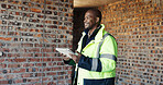 Thinking, engineer and black man with tablet for construction, inspection and ideas for renovation. Smile, person and digital with vision for architecture, building expansion and solution for project