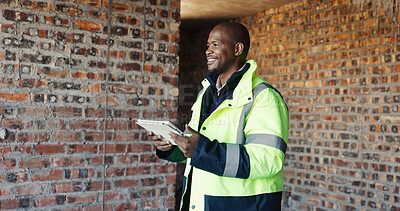 Buy stock photo Thinking, engineer and black man with tablet for construction, inspection and ideas for renovation. Smile, person and digital with vision for architecture, building expansion and solution for project