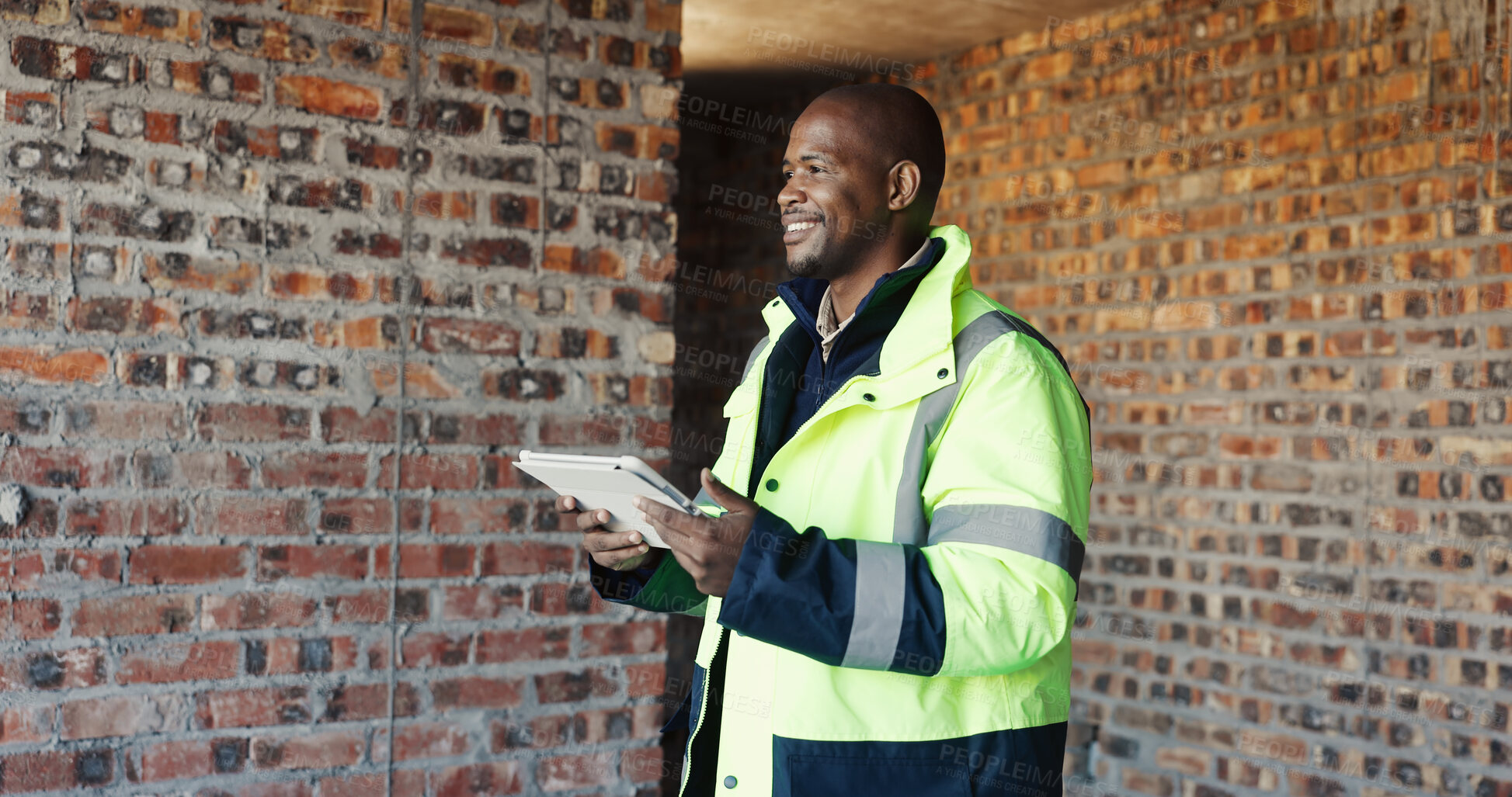 Buy stock photo Thinking, engineer and black man with tablet for construction, inspection and ideas for renovation. Smile, person and digital with vision for architecture, building expansion and solution for project