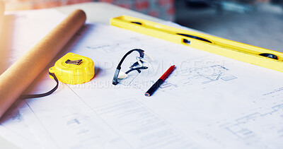 Buy stock photo Construction, blueprint or glasses with tools on table for project development, design or planning. Engineering, equipment and paperwork on site for building layout, technical drawing and drafting