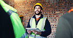 Construction site, engineering and man with smile, tablet for online schedule and feedback for inspection. People, architecture and employees with happiness, internet and tech for renovation and app