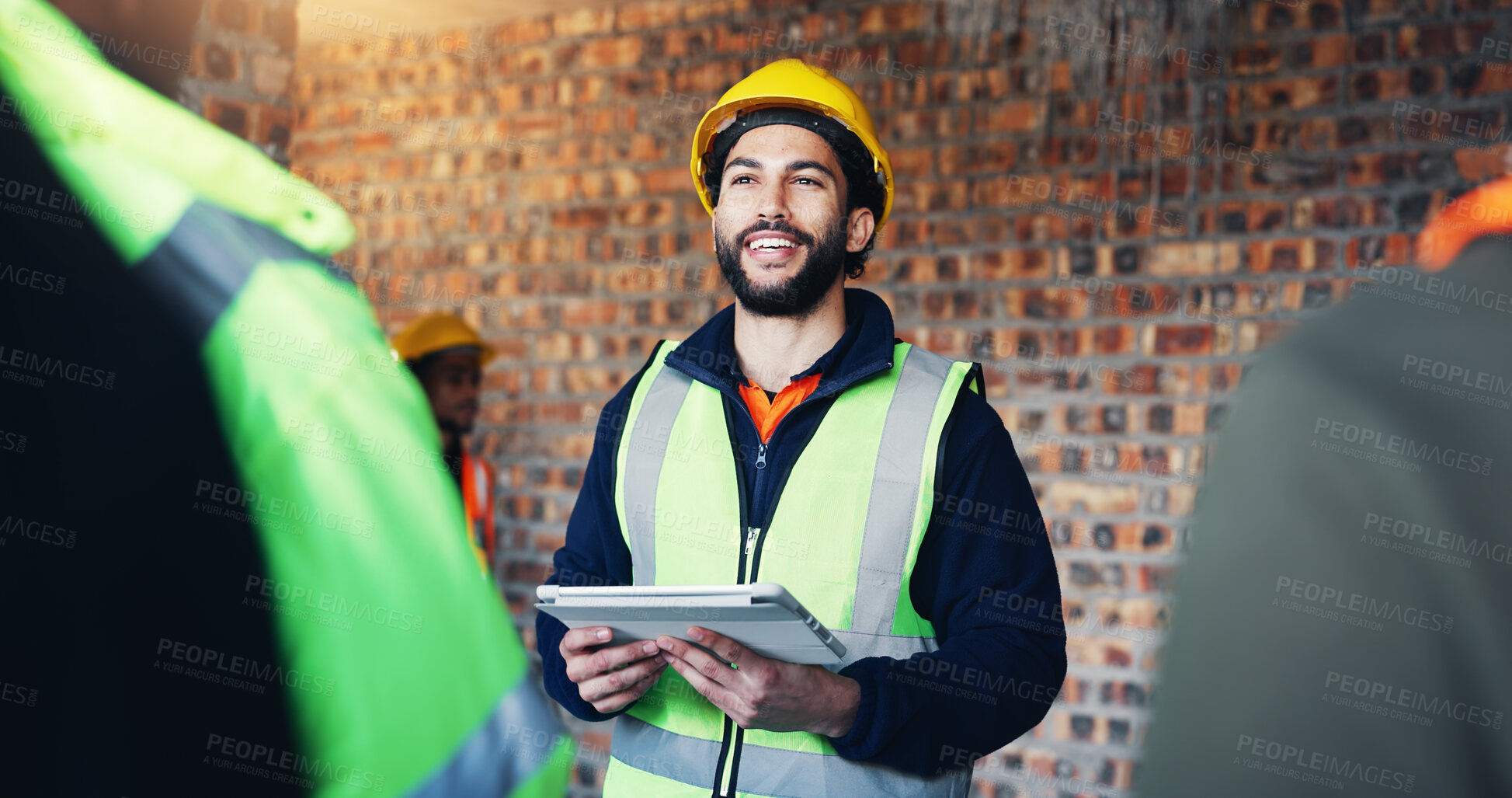 Buy stock photo Construction site, engineering and man with smile, tablet for online schedule and feedback for inspection. People, architecture and employees with happiness, internet and tech for renovation and app