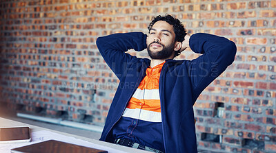 Buy stock photo Relax, man and architect with finished project in office for city planning or building development. Happy, calm and structural designer with completed task for floor plan with deadline in workplace.