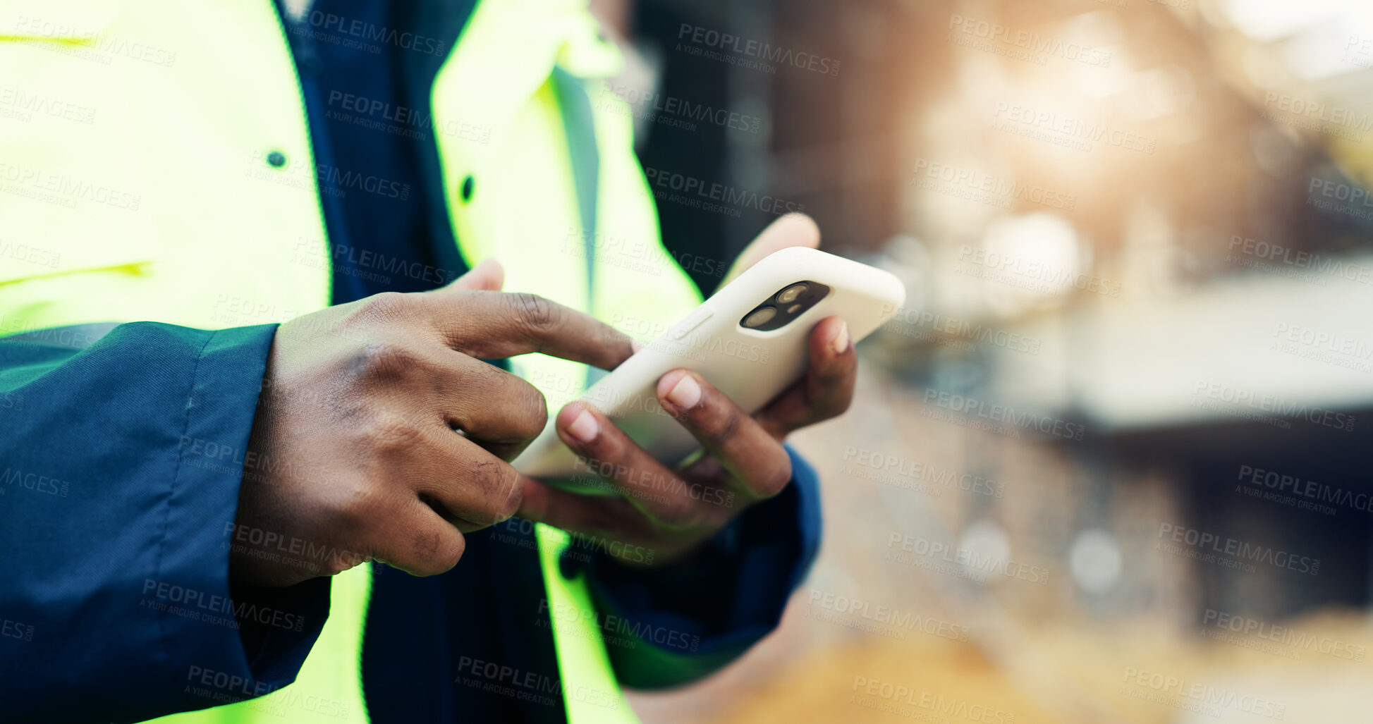 Buy stock photo Construction, text or hands outdoor with phone, task instruction or inspection report in online chat. Space, man or engineer on site with tech, project brief or operation schedule on digital app.