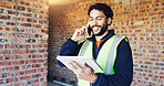 Phone call, engineer and man with tablet for construction project, building or property expansion. Architect, tech and happy person talking at site for real estate development, feedback or planning