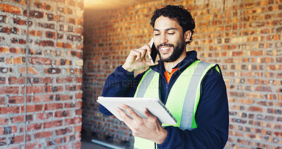 Buy stock photo Phone call, engineer and man with tablet for construction project, building or property expansion. Architect, tech and happy person talking at site for real estate development, feedback or planning