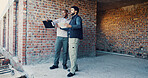 Engineer, talk and people with tablet for construction, inspection and feedback on renovation. Men, discussion and digital with clipboard for architecture, building expansion and planning for project