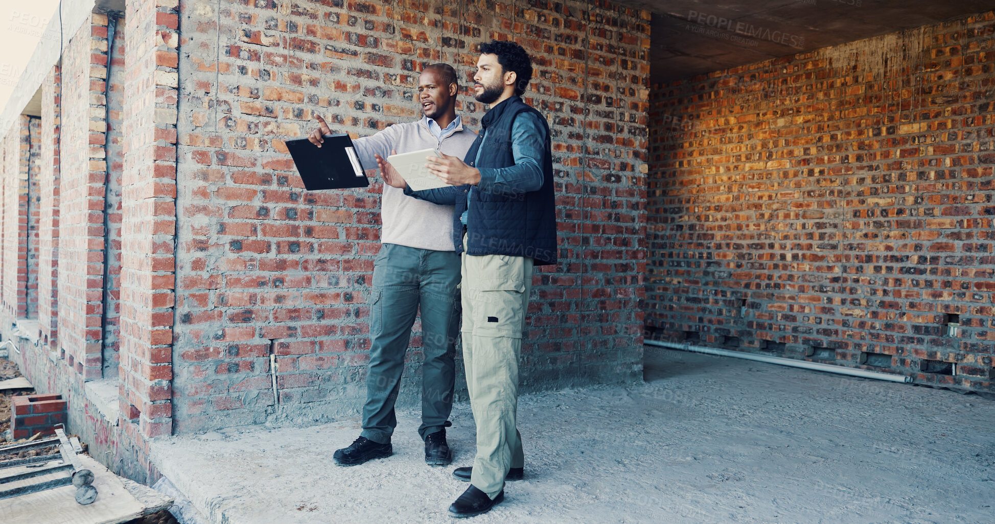 Buy stock photo Engineer, talk and people with tablet for construction, inspection and feedback on renovation. Men, discussion and digital with clipboard for architecture, building expansion and planning for project