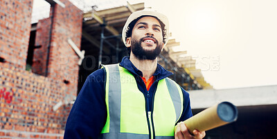 Buy stock photo Construction, thinking or man on site with blueprint, progress reflection or mindset in building review. Smile, space or engineer with document, project perspective or operation plan in evaluation.