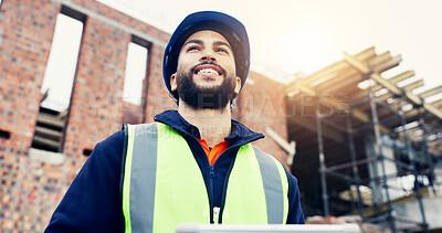 Buy stock photo Man, architecture and low angle with thinking in city, helmet and urban development at construction site. Person, engineer or planning for project with infrastructure inspection or solution in Mexico