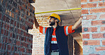 Inspection, engineer or man with tape measure at construction site, foundation distance or alignment. Space, tools or person with check for building code compliance, structure integrity or accuracy
