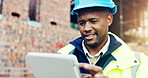 Construction site, engineering and typing with black man, tablet for online schedule and inspection. African person, architecture or employee with connection, internet or tech for renovation or smile