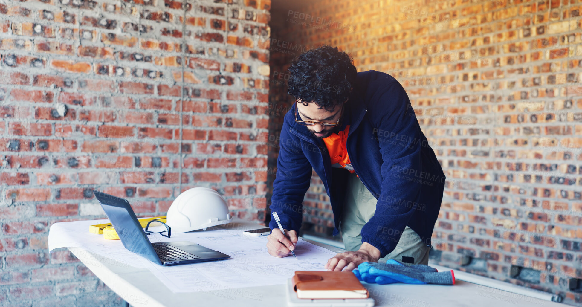 Buy stock photo Architect, writing and man with blueprint for construction, design and layout for renovation. Male person, pc and document with drawing for architecture, building expansion and floor plan for project