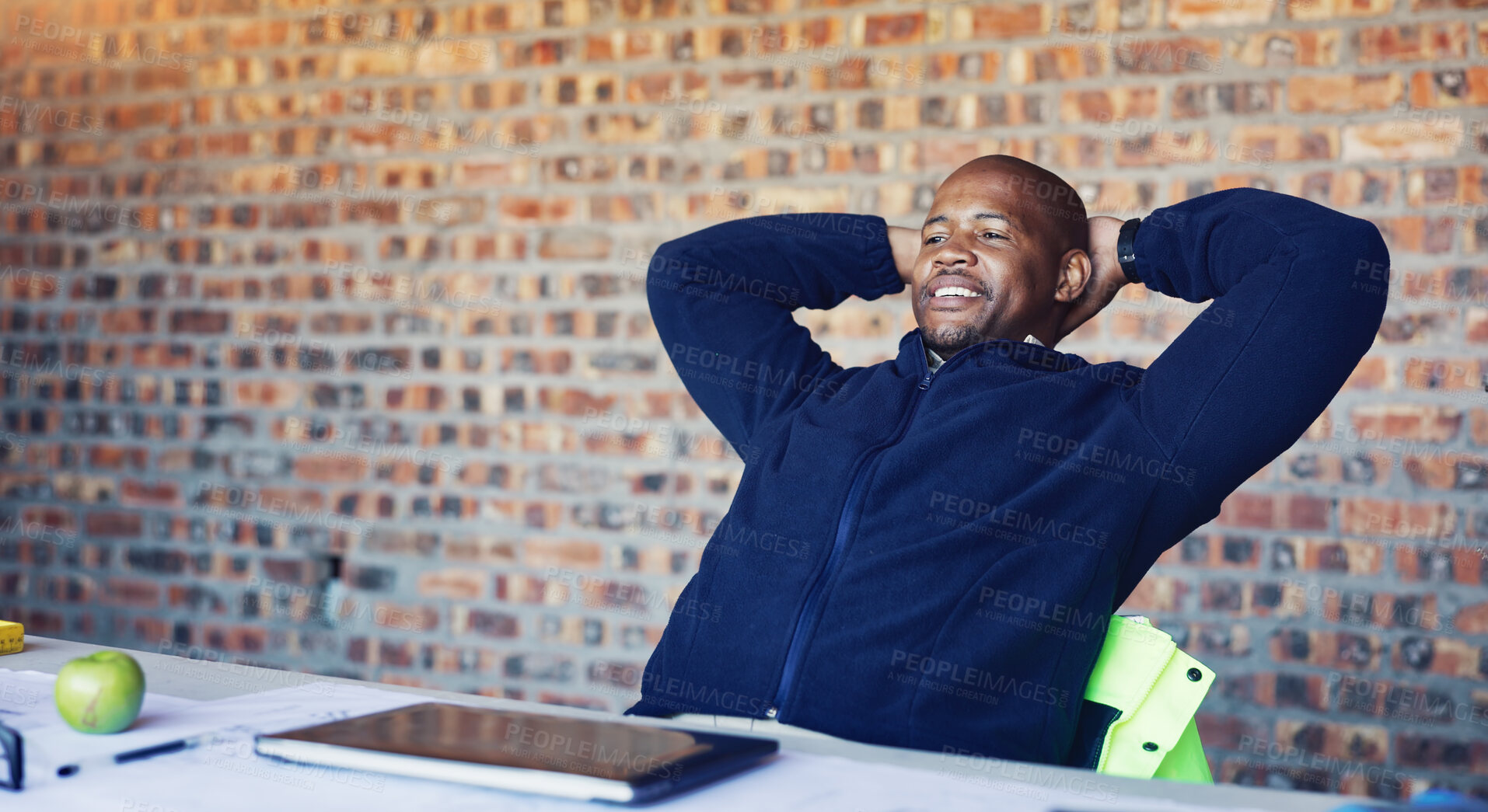 Buy stock photo Relax, black man and architect with finished project in office for city planning or building development. Happy, calm and structural designer with completed floor plan with deadline in workplace.