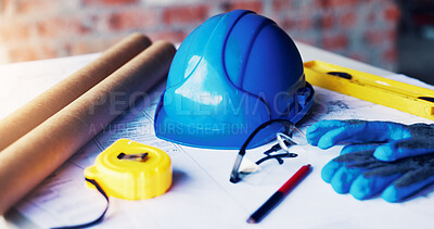 Buy stock photo Architecture, blueprint and helmet with tools on site for drafting, design and development. Project management, equipment and floor plan on table for property renovation, safety gear or construction