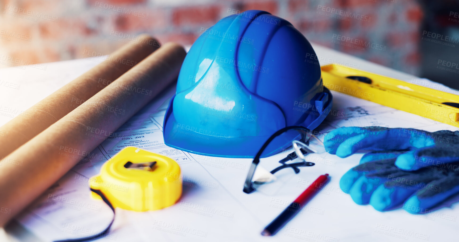 Buy stock photo Architecture, blueprint and helmet with tools on site for drafting, design and development. Project management, equipment and floor plan on table for property renovation, safety gear or construction