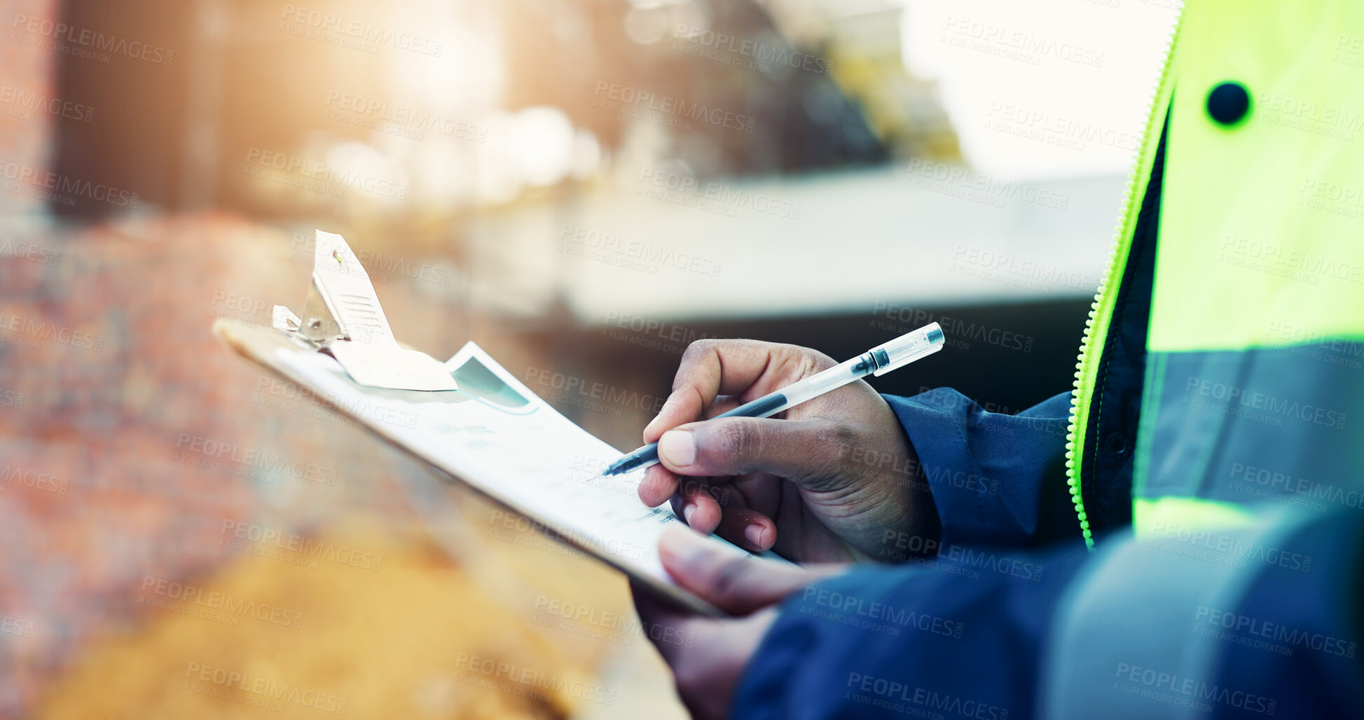 Buy stock photo Architect, person and hands writing with clipboard on construction site for building regulations. Contractor, builder or civil engineer with project checklist for architecture safety or security