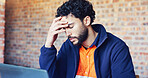 Headache, man and architect with laptop in office with stress for project, city planning or building development. Burnout, computer and structural designer with migraine for blueprint with deadline.