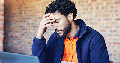 Buy stock photo Headache, man and architect with laptop in office with stress for project, city planning or building development. Burnout, computer and structural designer with migraine for blueprint with deadline.