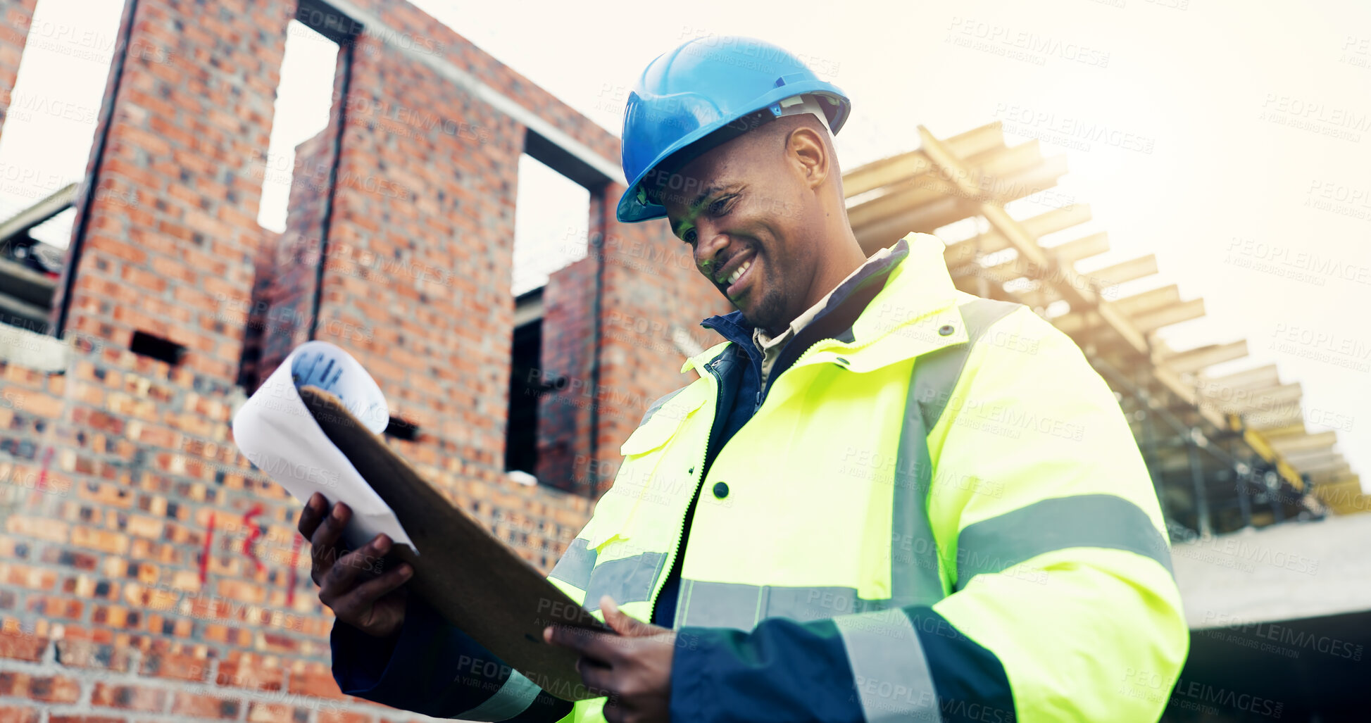 Buy stock photo Clipboard, man and smile with document on construction site with inspection for building, renovation or repairs. Management, reading and male civil engineer with paperwork for project risk assessment