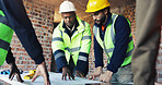 Engineer, team and discussion at construction site with blueprint, planning and talk for building design. Architect, men and floor plan with partnership, conversation and infrastructure layout