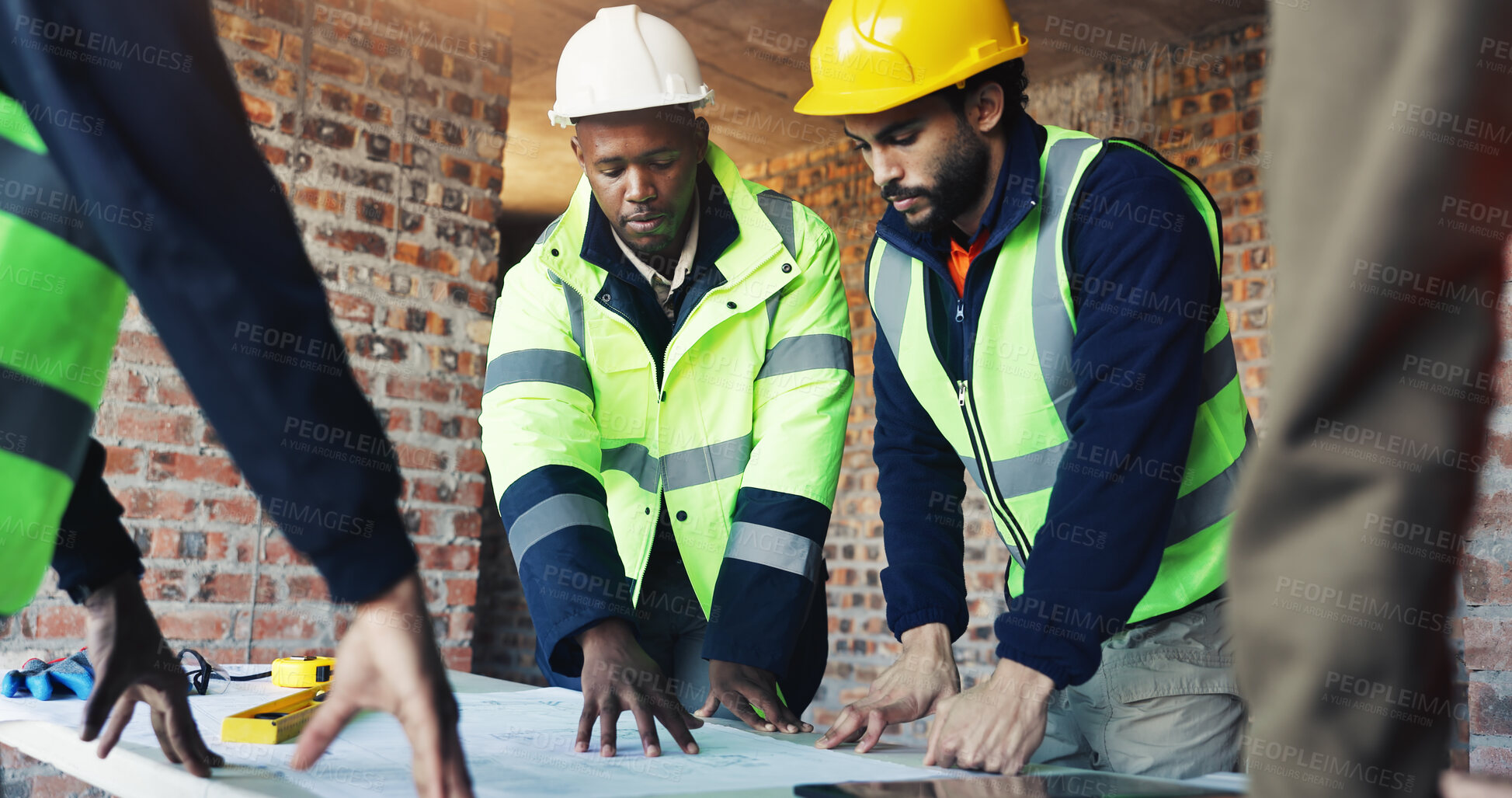 Buy stock photo Engineer, team and discussion at construction site with blueprint, planning and talk for building design. Architect, men and floor plan with partnership, conversation and infrastructure layout