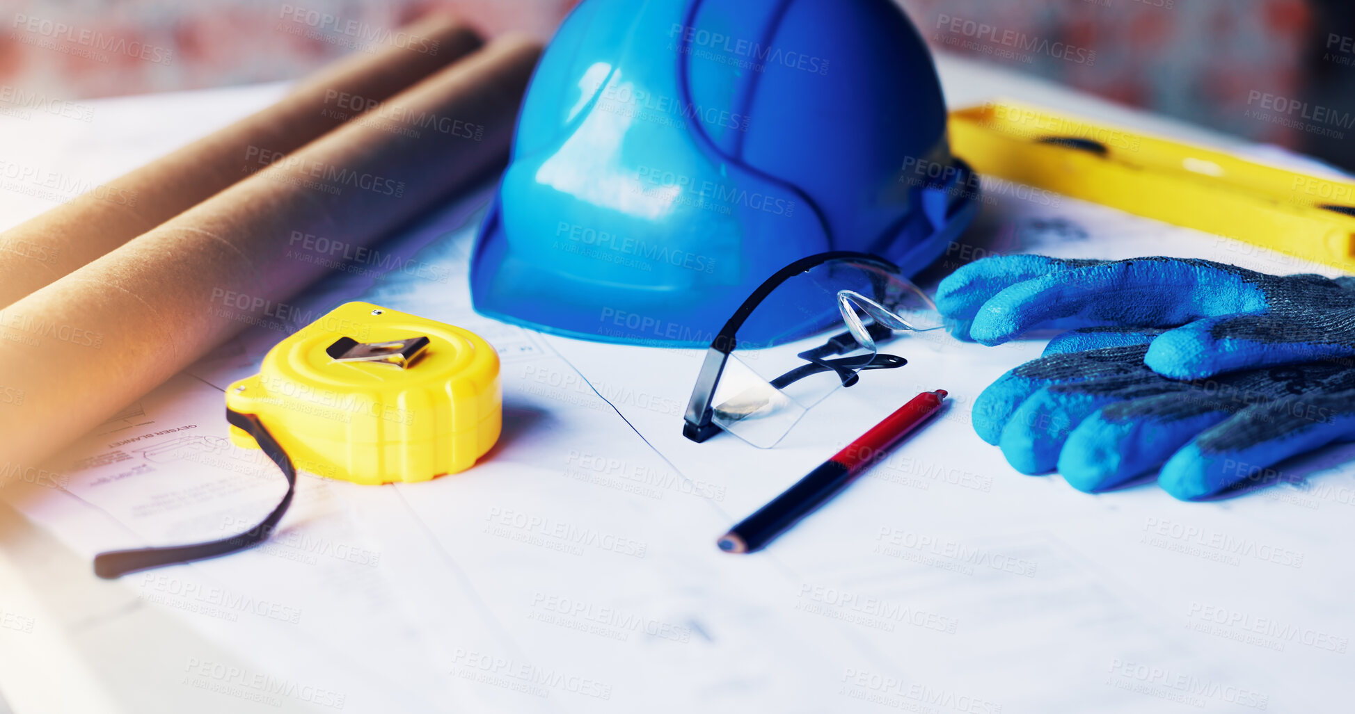 Buy stock photo Architecture, blueprint and helmet with tools on table for renovation, design and planning. Project management, equipment and floor plan at construction site for layout, safety gear or building PPE