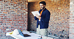 Smile, engineer and man with tablet for construction, research and information for renovation. Person, reading or digital at site for architecture, building expansion and online blueprint for project