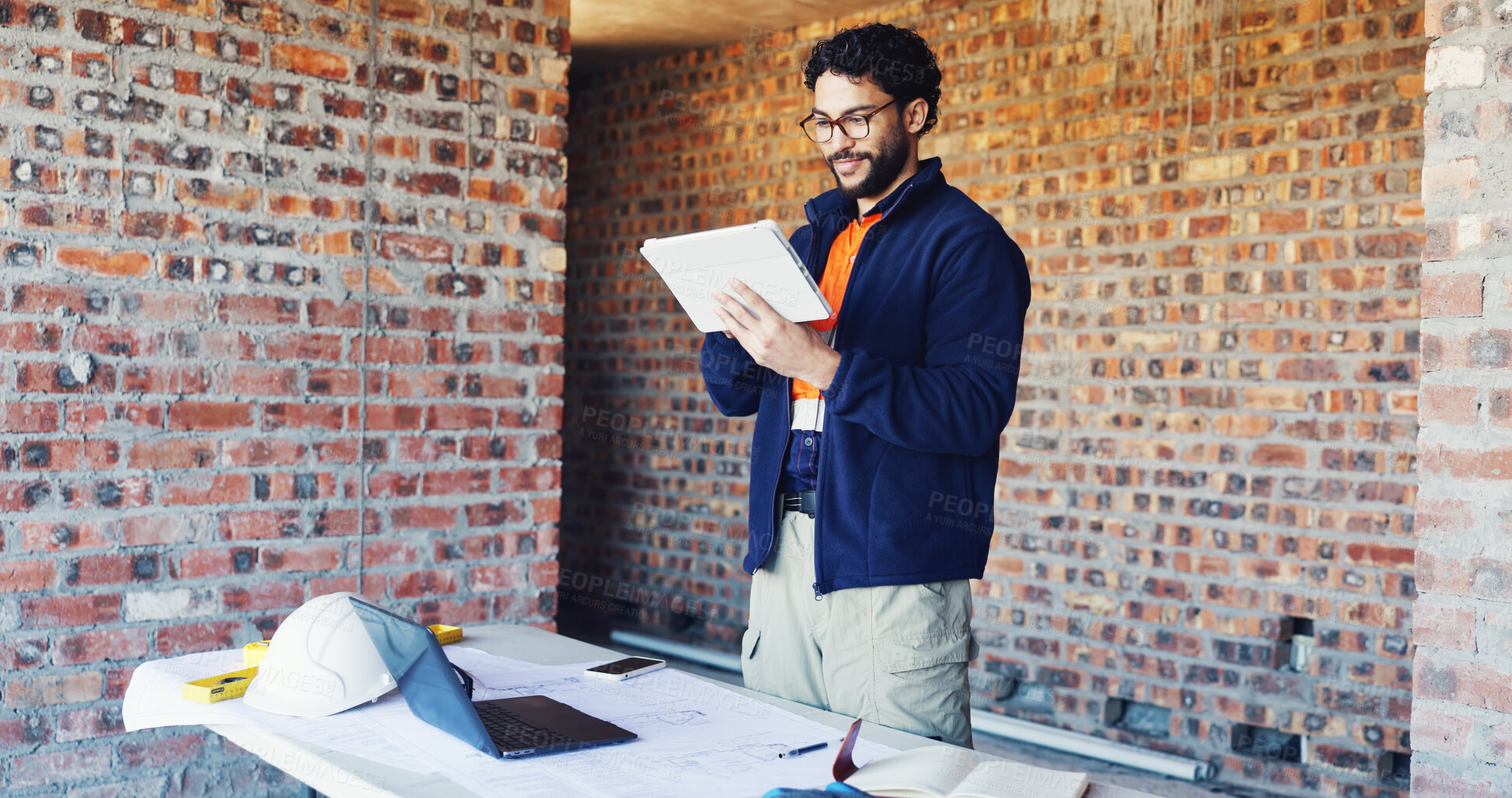 Buy stock photo Smile, engineer and man with tablet for construction, research and information for renovation. Person, reading or digital at site for architecture, building expansion and online blueprint for project