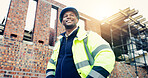 Man, engineer and low angle with thinking in city, helmet and urban development at construction site. Mature person, architect and perspective for project with infrastructure inspection and solution
